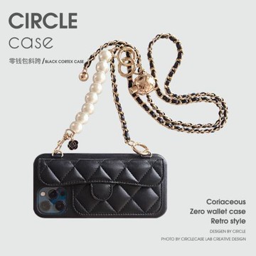 零錢包式適用iPhone15promax小香蘋果13斜挎鏈條12皮質插卡手機殼14pro網紅便捷式斜背保護套奢華珍珠掛繩