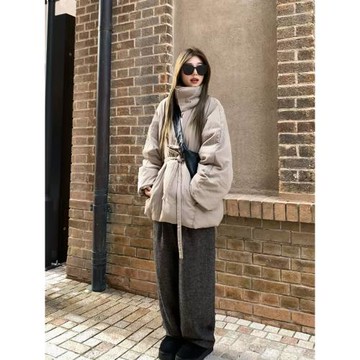 25冬季新款奶茶灰大版博主私服保暖外套韓系廓形中式綁帶羽絨服女