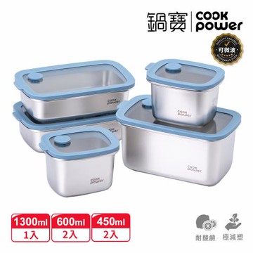 【CookPower鍋寶】鮮盾pro系列可微波不鏽鋼保鮮盒實用5件組