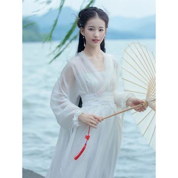 白色漢服女成人小龍女同款古裝超仙氣飄飄古風古典舞蹈演出服套裝