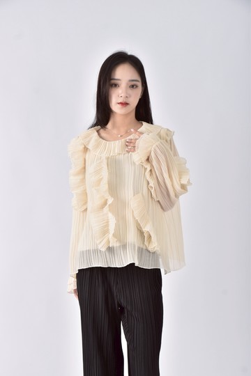 (L) 【金莎私服】荷葉杏色長袖上衣