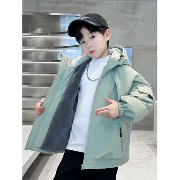 男童外套加絨秋冬裝2025新款男大童沖鋒衣連帽風衣兒童裝工裝棉衣