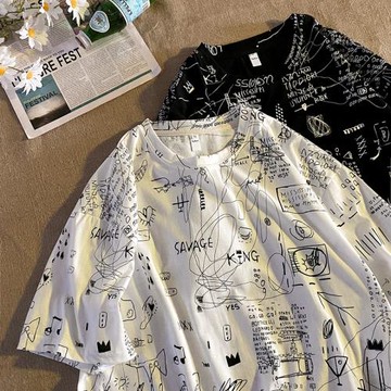 美式涂鴉滿印短袖T恤男夏季新款寬松ins情侶上衣潮牌潮流半袖體恤