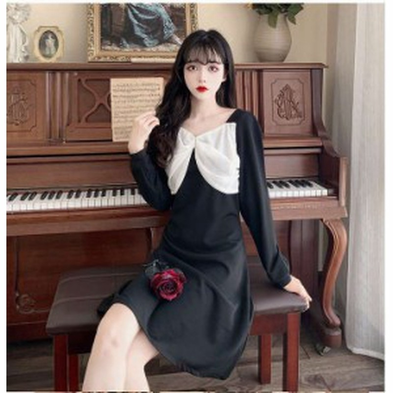 予約商品 大きいサイズ レディース 胸元 リボン風 モノトーン ワンピース 黒 長袖オーバーサイズ 韓国ファッション ビッグサイズ Oto 通販 Lineポイント最大1 0 Get Lineショッピング