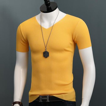 夏季男士純色冰絲短袖T恤半袖青年體恤百搭上衣V領打底針織衫外穿