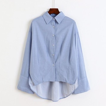 錯層翻領刺繡襯衫 秋新款長袖燈籠袖寬松開叉休閑打底上衣女L/7-2