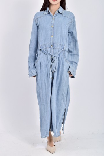 (L) man質感丹寧牛仔長袖藍色綁帶洋裝