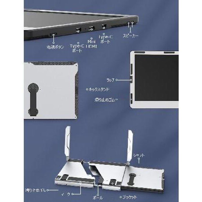 トリプルポータブルモニター ノートパソコン用 14”画面 1080P アルミ