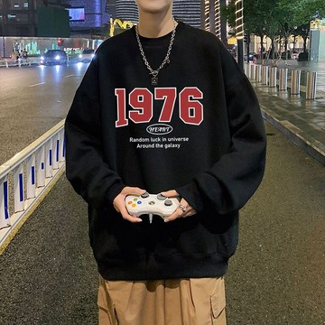 YLIE 加絨大學ｔ純棉長袖T賉男上衣 圓領衛衣 1976字母大學t 美式潮牌長袖無帽T恤 百搭痞帥學生潮流上衣 男裝