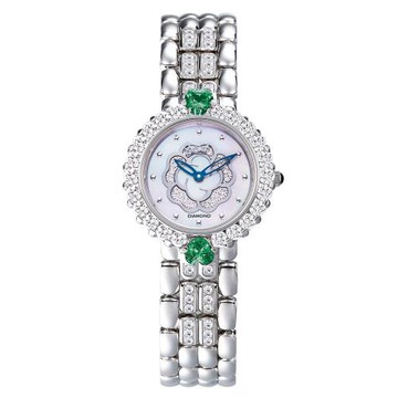 【Ogival 愛其華】山茶花系列 翡翠綠珠真鑽時尚腕錶 (305-13DJLW) 白銀珍珠貝