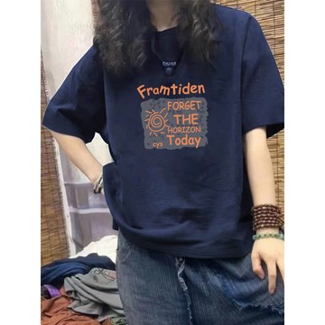 爆款直降價 T恤女 寬鬆休閒  百搭上衣 夏季夏季新款純棉藏青色短袖T恤女大碼寬鬆ins高街個性顯瘦打底衫上衣