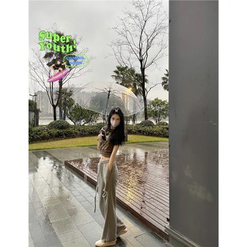 【一條過夏】個性破洞灰色高腰衛褲百搭闊腿拖地褲女直筒休閑褲