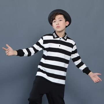 非零旦斯kids少兒街舞popping條紋男童polo衫長袖純棉翻領