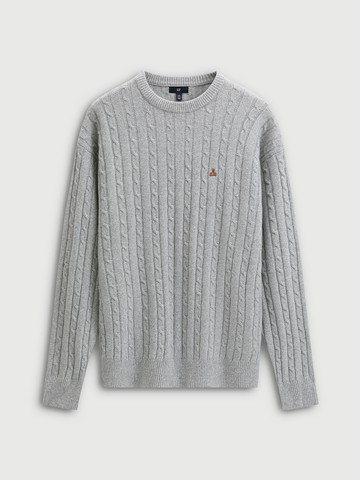 男裝 小熊刺繡圓領毛衣-淺灰色