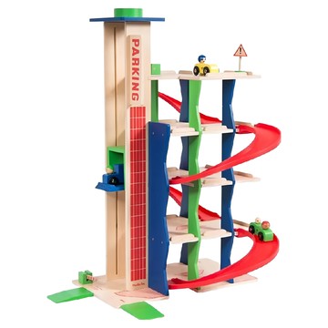 Moulin Roty 木質立體停車場 Set  五層樓  四個紅色坡道  升降梯  天然木質  1組