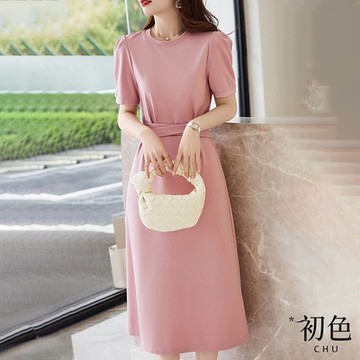 初色 休閒圓領綁帶泡泡袖簡約洋裝-粉色-66980(M-2XL可選)