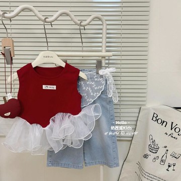 7954名追隨者👏 女童兩件套 拼接背心 牛仔闊腿褲 無袖上衣 洋氣套裝 2026新款 夏日穿搭