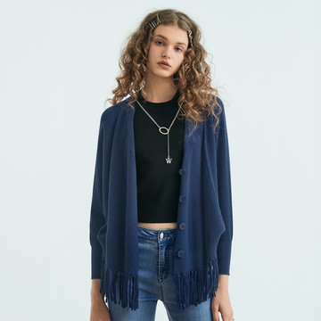 OUWEY歐薇 流蘇針織飛鼠袖外套(深藍色；S-M)3233165545