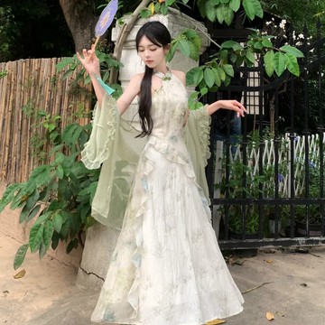 M-4XL 婉約國風印花拼接不規則掛脖連衣裙+開衫兩件套 大尺碼洋裝 旗袍洋裝 掛脖洋裝 夏天洋裝 兩件式洋裝