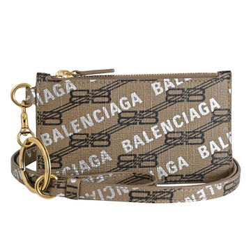 BALENCIAGA 滿版英字LOGO印花頸掛式卡片零錢包(咖)