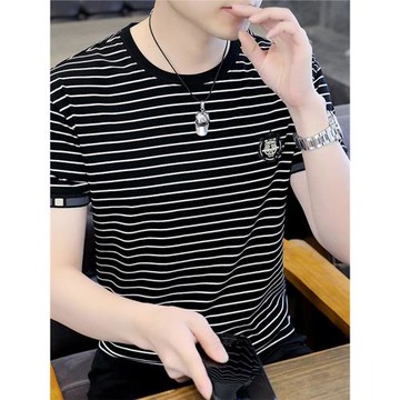 夏季男士短袖t恤純棉圓領韓版寬松條紋潮牌男裝休閑體恤汗衫潮流