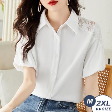 【LANNI 藍尼】★溫柔舒適蕾絲拼接燈籠袖襯衫(素色/OL/休閒/V領)