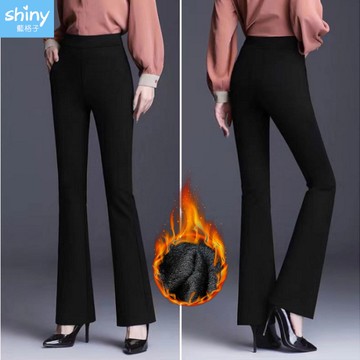 【V9512】shiny藍格子-時尚展現‧加絨保暖鬆緊高腰微喇叭休閒褲