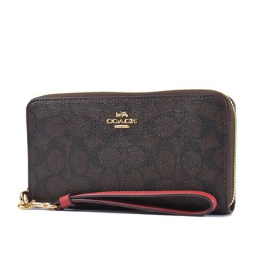 COACH 緹花LOGO防刮皮革手掛式拉鍊長夾-咖啡/紅