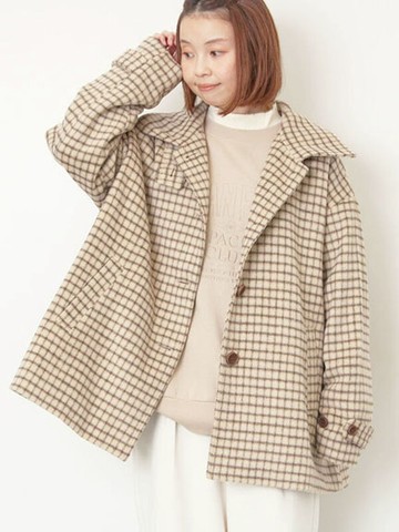 格紋舒適毛絨排釦翻領大衣外套(0F001376510) - Samansa Mos2