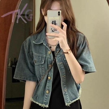 做舊毛邊短袖牛仔外套女夏季新款短款高腰上衣法式復古顯瘦夾克潮 小個子外套 夏季外套 小個子穿搭外套 厚牛仔外套