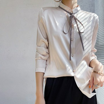 【巴黎精品】現貨+預購 緞面襯衫法式絲綢絲質長袖上衣-繫帶垂感OL寬鬆女上衣3色a1be82