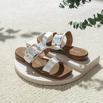 小時光  時髦雙帶釦飾平底拖鞋 銀箔 (122870)