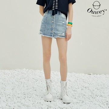 OUWEY歐薇 復古個性刷破抽鬚牛仔褲裙(淺藍色；XS-M)3242398040