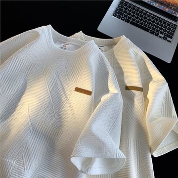 短袖t恤男夏季新款潮牌提花上衣美式高街寬松半袖體恤衫男裝衣服