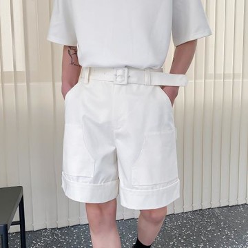 韓風腰帶設計感休閑短褲男ins闊腿白色工裝褲個性寬松五分褲子潮