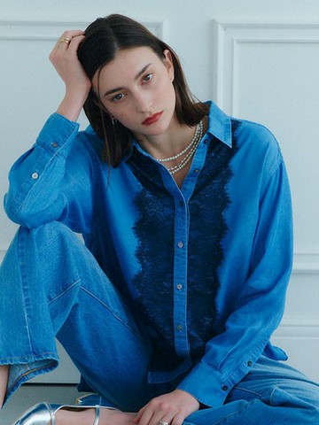 精緻蕾絲造型翻領牛仔襯衫(07000220300) - YECCA VECCA