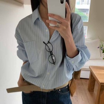 正韓女上衣 娜迪條紋長袖襯衫LEV1001-創翊韓都