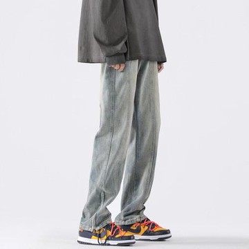 水洗拼接直筒牛仔褲男春秋新美式復古高街設計感拉鏈闊腿休閑長褲