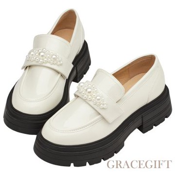 【Grace Gift】奕潔聯名-公主珍藏2WAY珍珠厚底樂福鞋 米漆