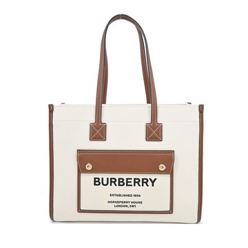 [平輸版]BURBERRY新款 Freya 帆布拼接皮革小型手提/肩背包(自然色/棕褐色)真品平輸