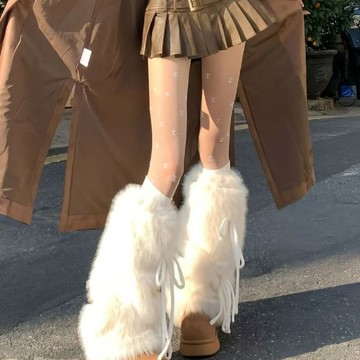 y2k冬季毛毛腿套 加厚保暖毛絨腿套 女綁帶蝴蝶結毛毛護腿襪套 雪地靴堆堆襪 顯瘦腿套 冬季腿套 襪套 毛毛襪套