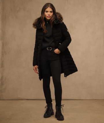 Superdry Women's Fuji Faux Fur Hooded Mid Length Coat Black Size: 12