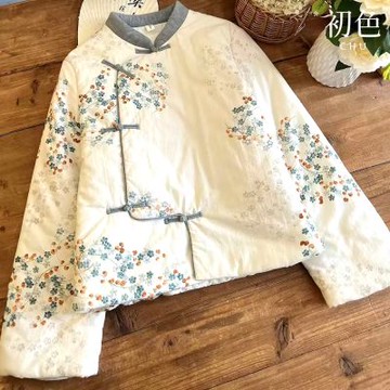 初色 中式撞色立領斜襟印花長袖棉服上衣女上衣-米白色-16420(M-2XL可選)