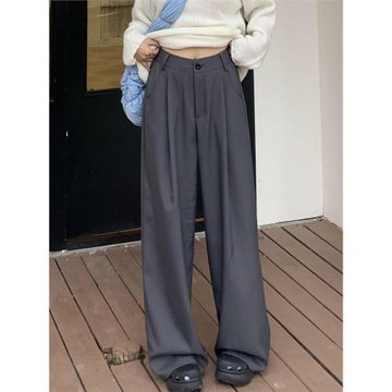 橘子樹在哪兒復古灰色休閑闊腿西裝褲女秋冬設計感垂感直筒拖地褲