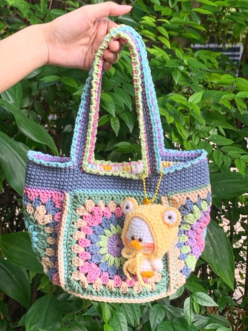 手工鉤織 奶奶方格手提包 小號 波希米亞風