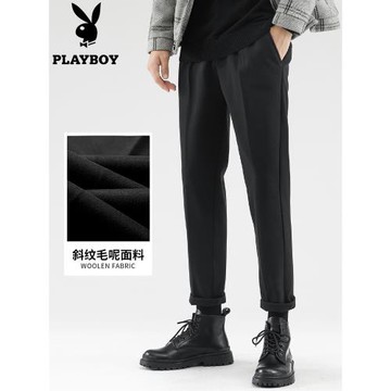 花花公子加絨毛呢褲男士冬季加厚休閑冬款保暖配馬丁靴西裝長褲子