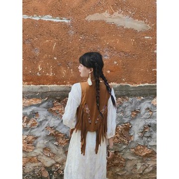 云南旅游拍照民族風穿搭麂皮絨馬甲流蘇連衣裙兩件套裝海邊沙灘裙