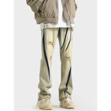 美式黃泥色破洞牛仔褲男款春秋直筒痞帥褲子高街vibe潮牌oversize