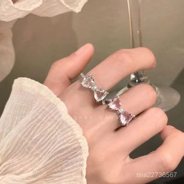 新品特惠-粉鑽蝴蝶結開口戒指女小衆設計感可調節食指戒年新款輕奢指環 V9AQ