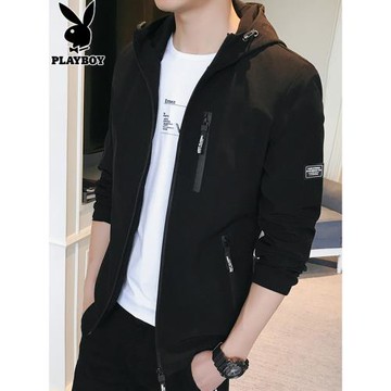 花花公子夾克男士2026年春秋季新款加絨黑色上衣服連帽工裝外套男